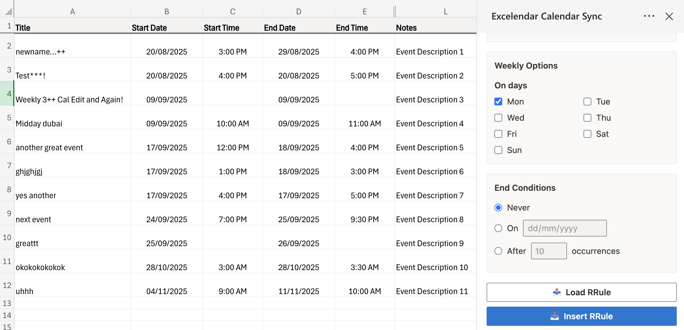 RRule Editor Weekly Options